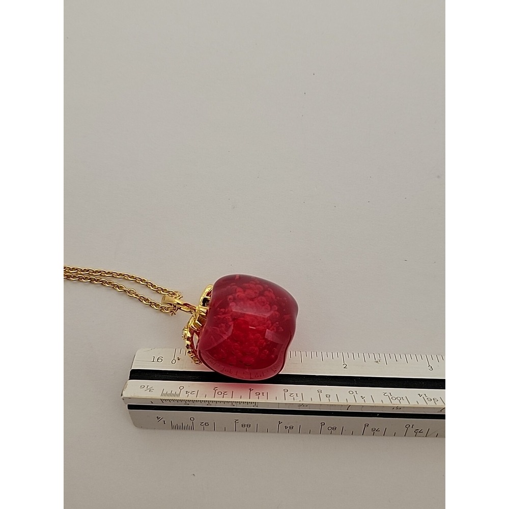 AVON Signed Lucite Candy Red Apple Necklace with Rhinestones 32" Gold Tone Chain - Picture 9 of 10